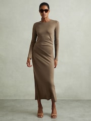 Reiss Camel Sloane Wool Ruche Detail Midi Dress - Image 3 of 6