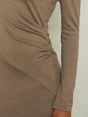Reiss Camel Sloane Wool Ruche Detail Midi Dress - Image 4 of 6