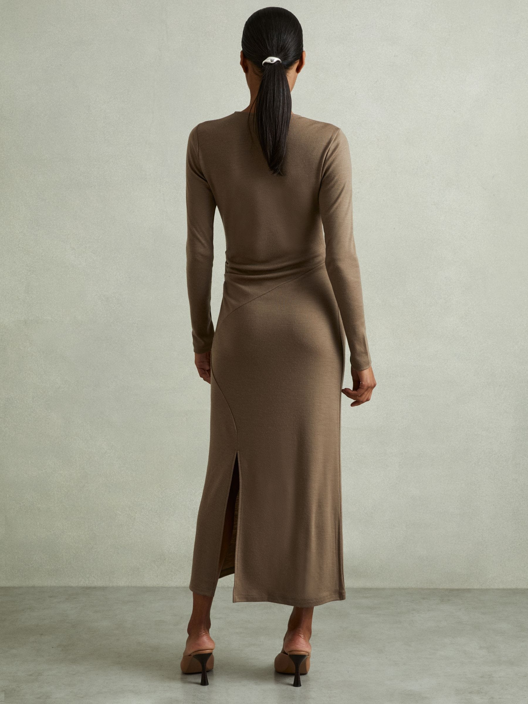Buy Reiss Camel Sloane Wool Ruche Detail Midi Dress from