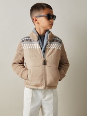Reiss Oatmeal Melange Kingsway 9-13 yrs Hybrid Knit and Quilt Funnel Neck Jacket - Image 1 of 4