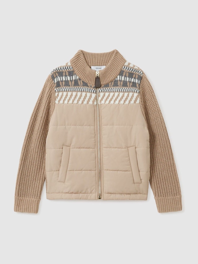 Reiss Oatmeal Melange Kingsway 9-13 yrs Hybrid Knit and Quilt Funnel Neck Jacket - Image 2 of 4