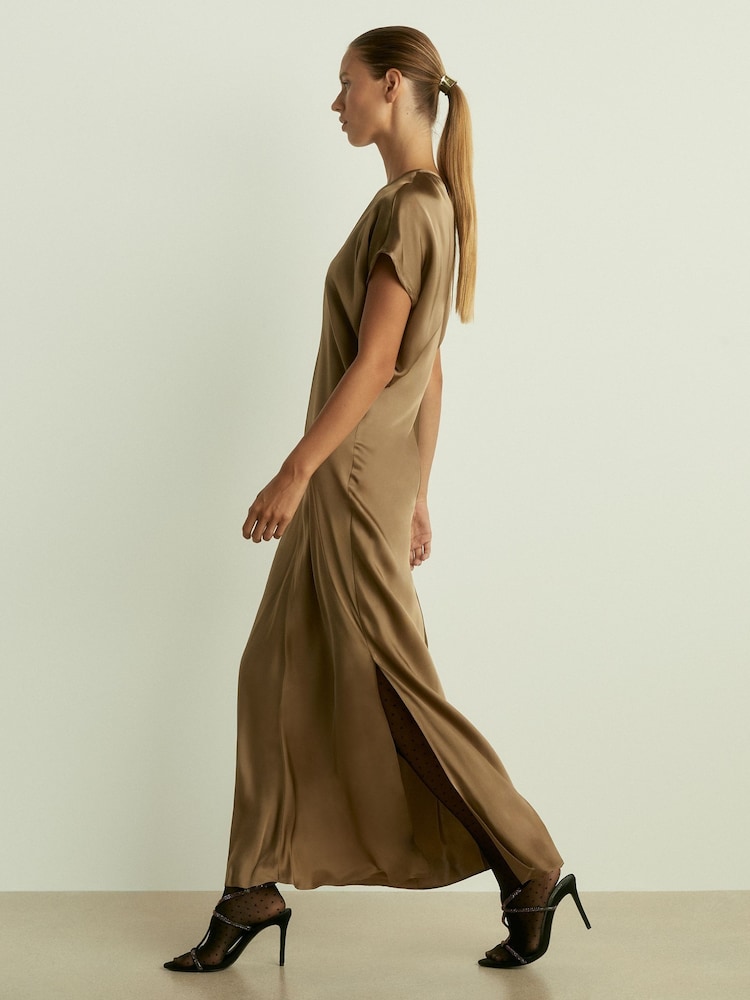 Reiss Khaki Kora Satin Short-Sleeve Midi Dress - Image 1 of 6