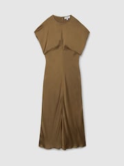 Reiss Khaki Kora Satin Short-Sleeve Midi Dress - Image 2 of 6