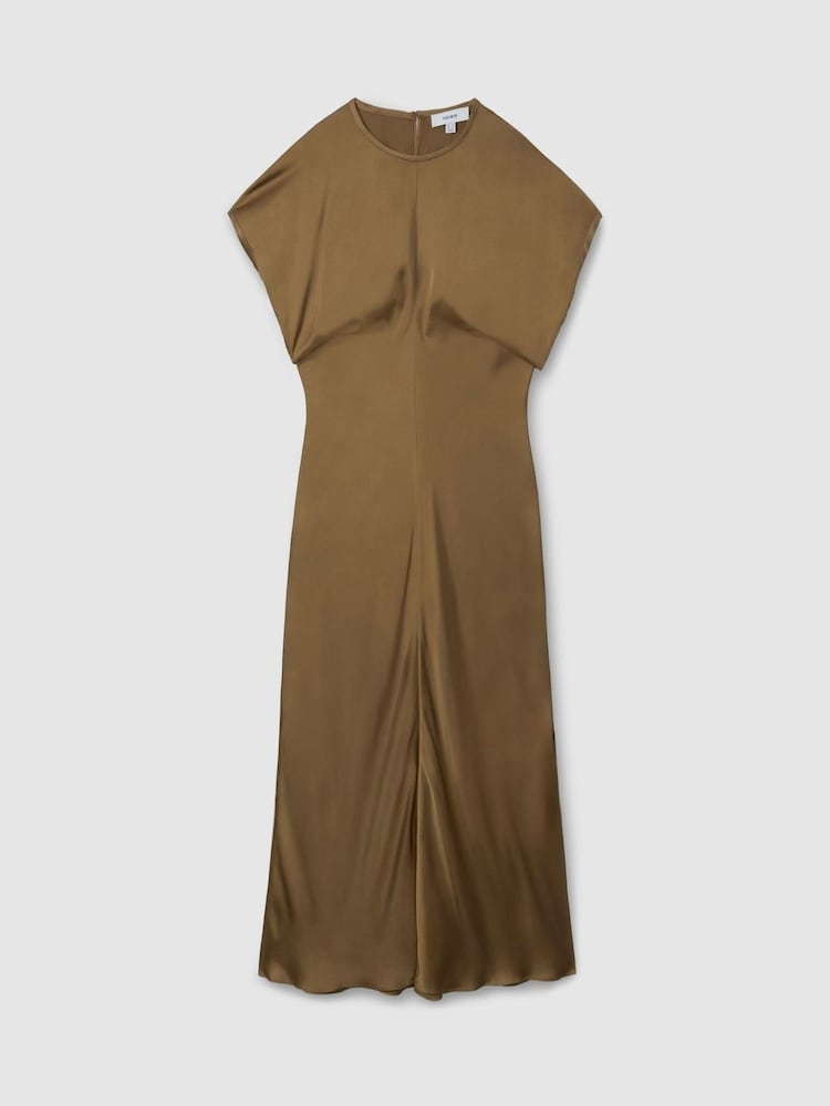 Reiss Khaki Kora Satin Short-Sleeve Midi Dress - Image 2 of 6