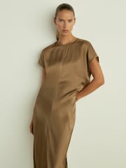 Reiss Khaki Kora Satin Short-Sleeve Midi Dress - Image 3 of 6