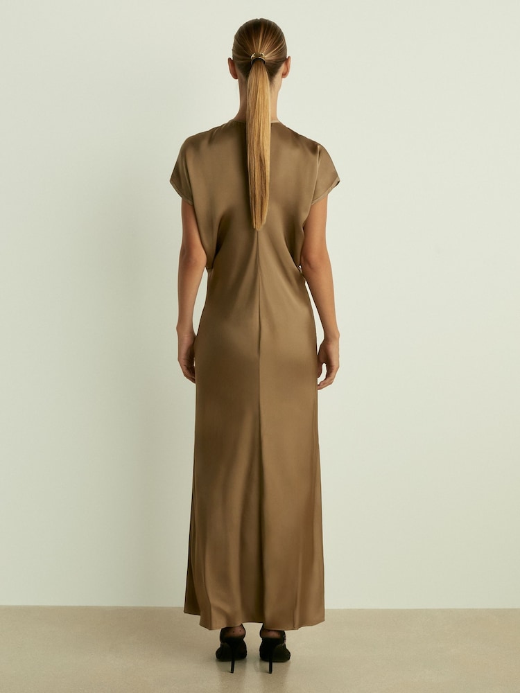 Reiss Khaki Kora Satin Short-Sleeve Midi Dress - Image 5 of 6