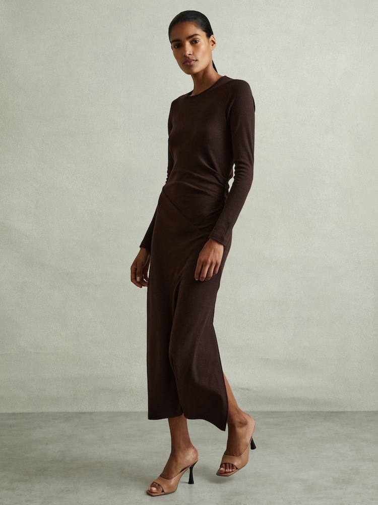 Reiss Berry Sloane Petite Wool Ruche Detail Midi Dress - Image 1 of 7