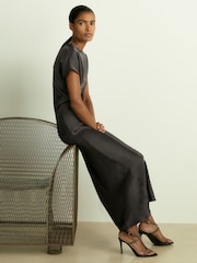 Reiss Charcoal Kora Satin Short-Sleeve Midi Dress - Image 1 of 6