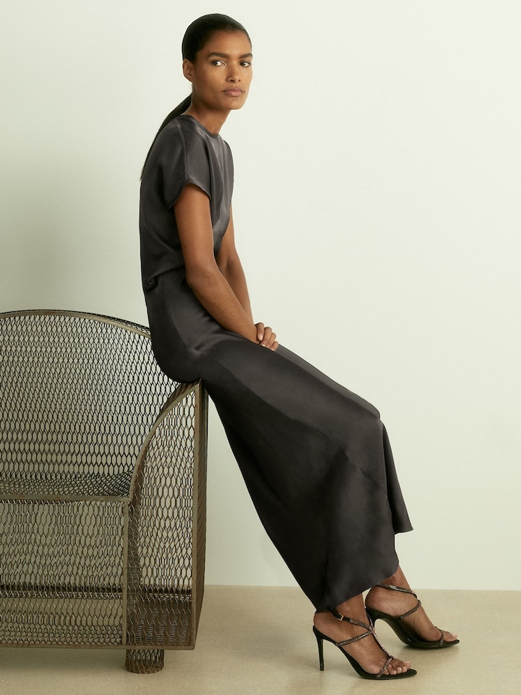 Reiss Charcoal Kora Satin Short-Sleeve Midi Dress - Image 1 of 6