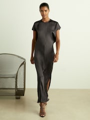 Reiss Charcoal Kora Satin Short-Sleeve Midi Dress - Image 3 of 6