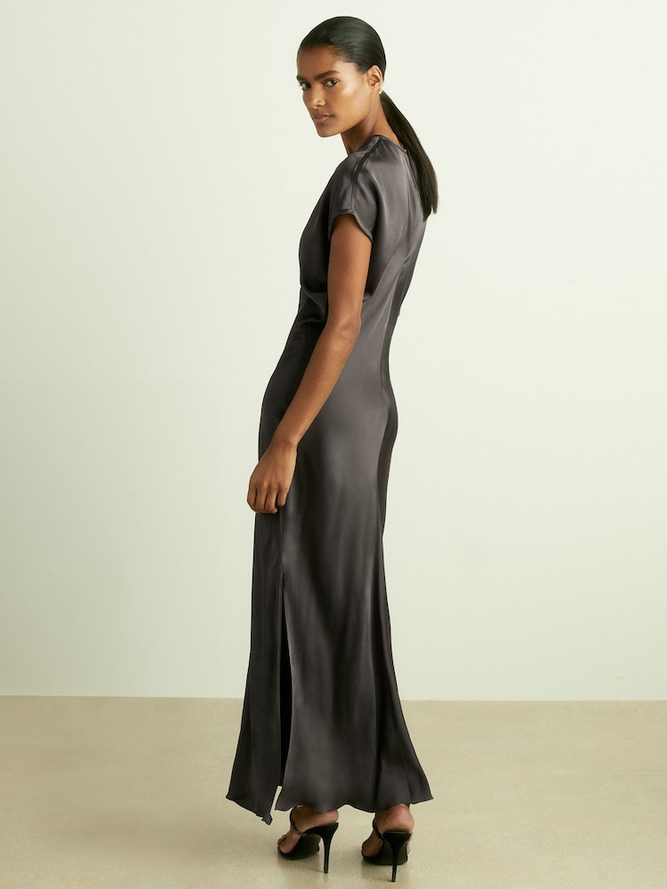 Reiss Charcoal Kora Satin Short-Sleeve Midi Dress