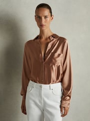 Reiss Taupe Claude Silk Satin Grown On Sleeve Shirt - Image 3 of 6
