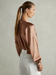 Reiss Taupe Claude Silk Satin Grown On Sleeve Shirt - Image 5 of 6