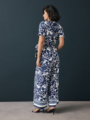 Navy Floral Tie Waist Detail Jumpsuit - Image 2 of 8