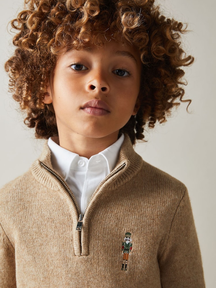Reiss Camel Brown Melange Arden 9-13 yrs Quarter Zip Jumper - Image 1 of 4