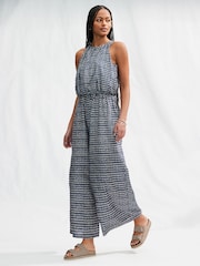 Blue Geometric Print Sleeveless Wide Leg 100% Cotton Jumpsuit - Image 1 of 7