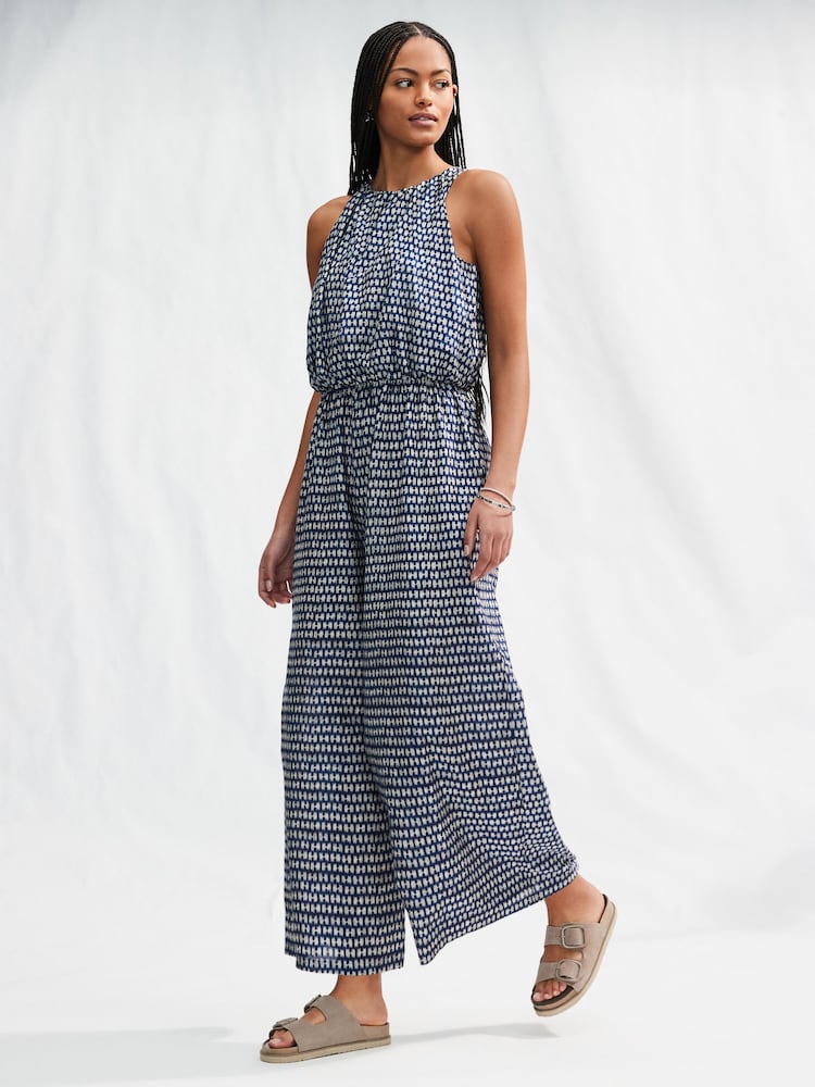 Blue Geometric Print Sleeveless Wide Leg 100% Cotton Jumpsuit - Image 1 of 7