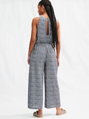 Blue Geometric Print Sleeveless Wide Leg 100% Cotton Jumpsuit - Image 2 of 7