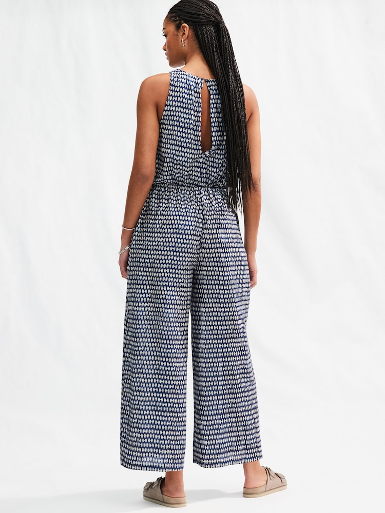 Blue Geometric Print Sleeveless Wide Leg 100% Cotton Jumpsuit - Image 2 of 7