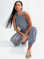 Blue Geometric Print Sleeveless Wide Leg 100% Cotton Jumpsuit - Image 3 of 7