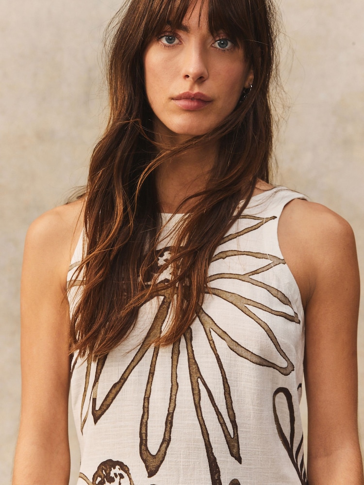 Cream Mono Placement Floral Scoop Back Mini Shift Dress With Linen - Image 4 of 7