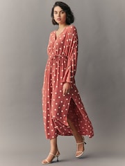 Terracotta and Cream Spot Kimono Sleeve Tie Waist Maxi Dress - Image 1 of 7