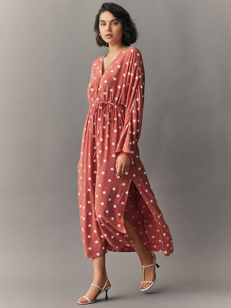 Terracotta and Cream Spot Kimono Sleeve Tie Waist Maxi Dress - Image 1 of 7