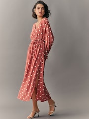 Terracotta and Cream Spot Kimono Sleeve Tie Waist Maxi Dress - Image 2 of 7