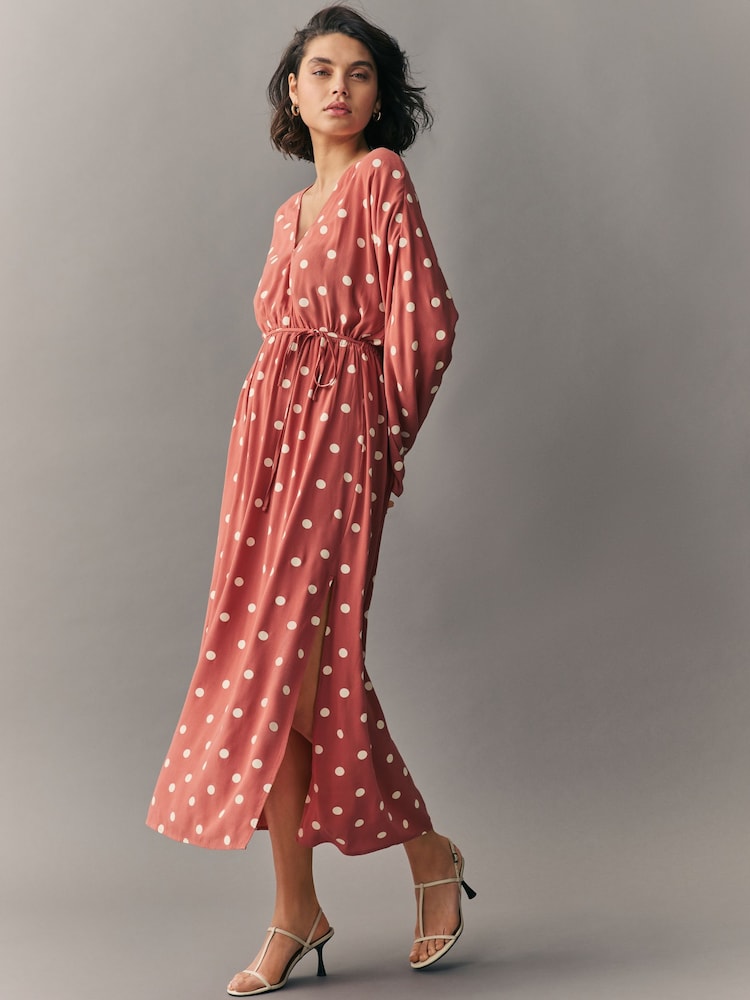 Terracotta and Cream Spot Kimono Sleeve Tie Waist Maxi Dress - Image 2 of 7