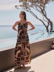 Brown/Cream Print Textured Beaded Summer Maxi Dress - Image 1 of 8