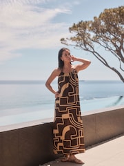 Brown/Cream Print Textured Beaded Summer Maxi Dress - Image 2 of 8