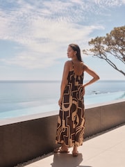 Brown/Cream Print Textured Beaded Summer Maxi Dress - Image 4 of 8