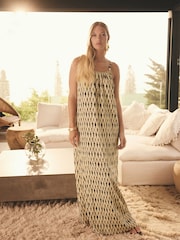 Yellow/Black Print Textured Beaded Summer Maxi Dress - Image 1 of 8