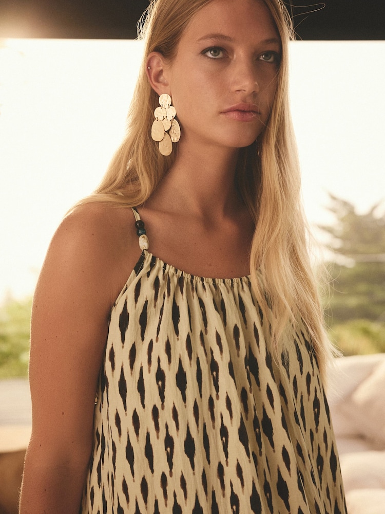 Yellow/Black Print Textured Beaded Summer Maxi Dress - Image 3 of 8