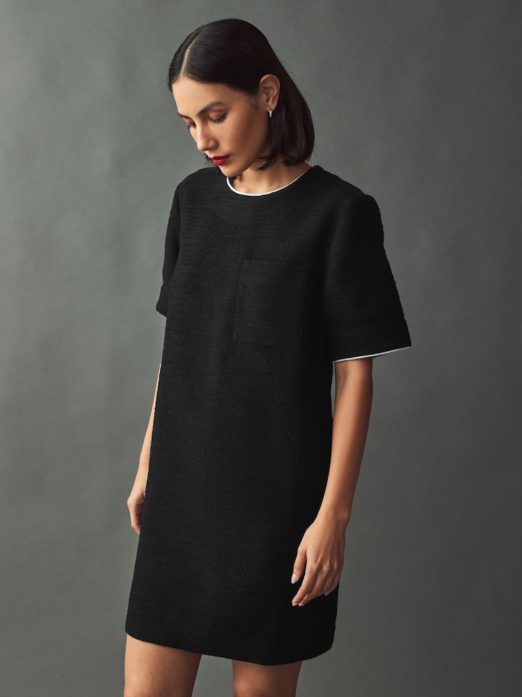 Black Boucle Short Sleeve Mini Dress - Image 1 of 6