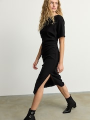 Black Ruched Short Sleeve Midi Dress - Image 1 of 6
