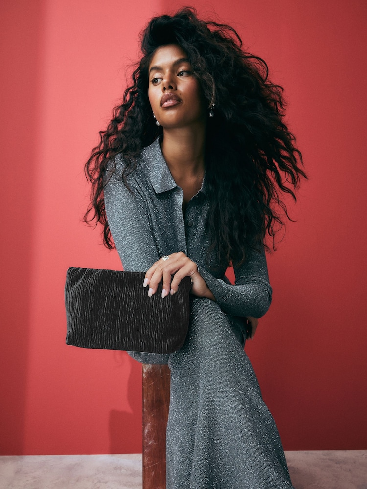 Black Textured Velvet Snap Clutch - Image 1 of 9