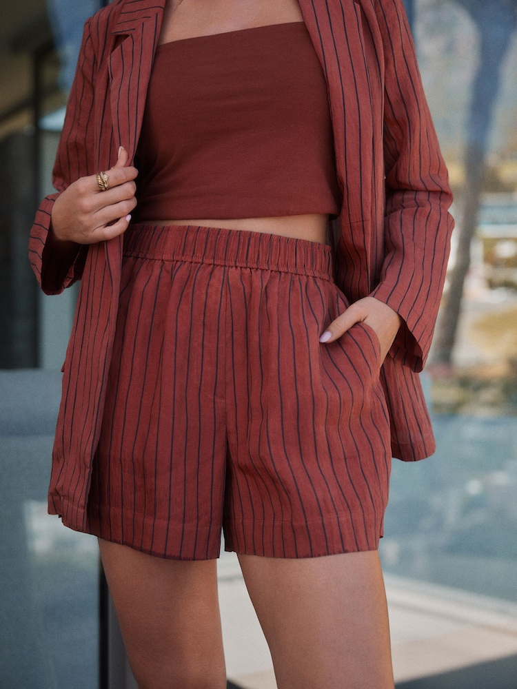 Rust Brown Textured Crinkle Elasticated Waist Shorts - Image 3 of 6