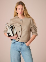 Neutral Camel Faux Suede Collarless Jacket - Image 1 of 7