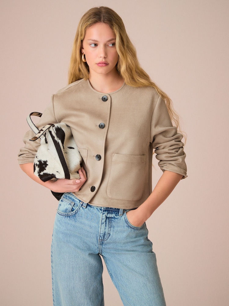 Neutral Camel Faux Suede Collarless Jacket - Image 1 of 7