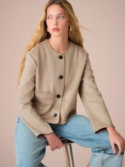 Neutral Camel Faux Suede Collarless Jacket - Image 2 of 7