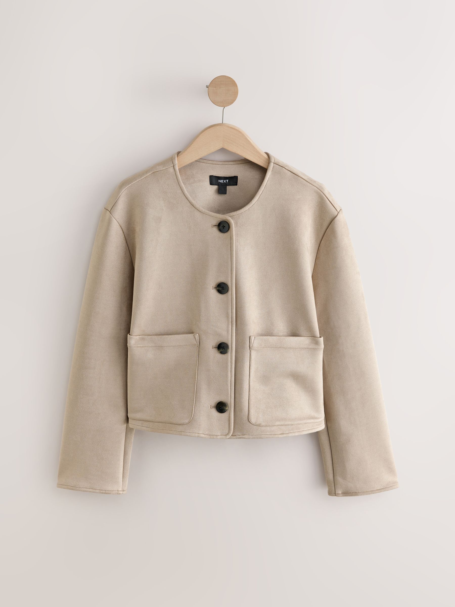 Buy Neutral Camel Faux Suede Collarless Jacket from the Next UK