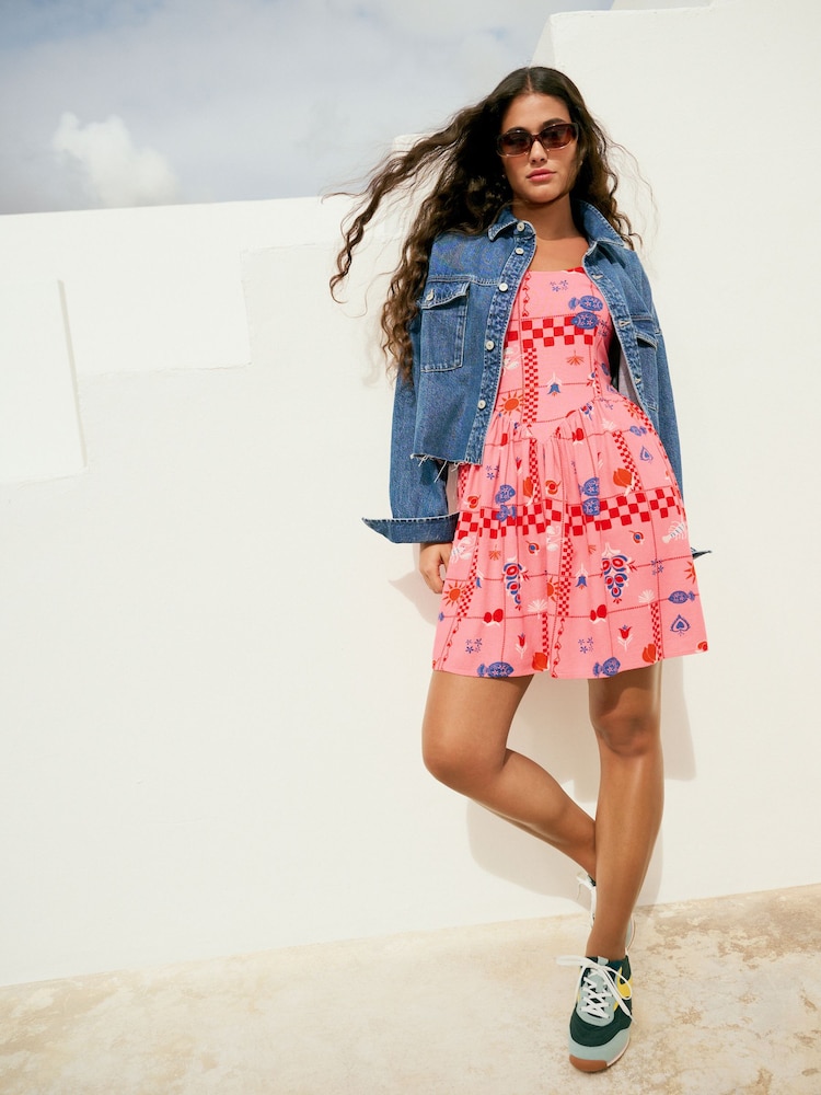 Bright Pink Tropical Print Sleeveless Scoop Neck Waisted Mini Dress - Image 2 of 7