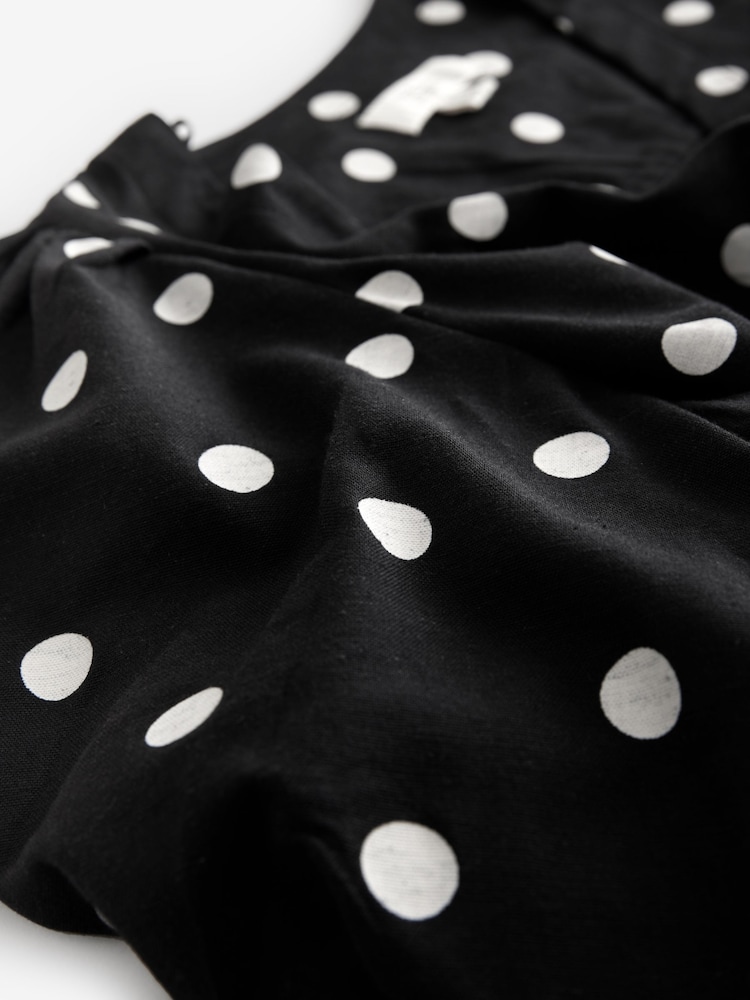 Noir à pois - Col en V Manche bouffante Mini Peignoir avec Lin - Image 2 of 3