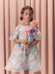Blue 3D Flower Embroidered Angel Sleeve Occasion Dress (3-16yrs) - Image 1 of 10