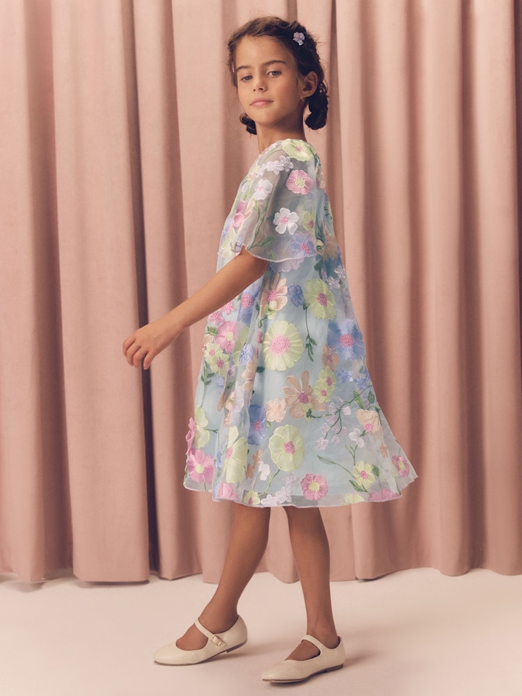 Blue 3D Flower Embroidered Angel Sleeve Occasion Dress (3-16yrs) - Image 2 of 10