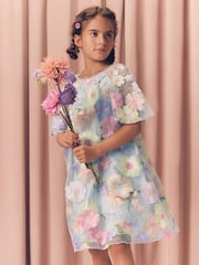Blue 3D Flower Embroidered Angel Sleeve Occasion Dress (3-16yrs) - Image 4 of 10