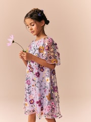 Lilac Purple Flower Embroidered Angel Sleeve Occasion Dress (3-16yrs) - Image 1 of 4