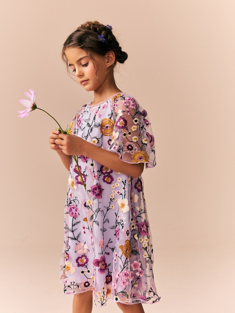 Lilac Purple Flower Embroidered Angel Sleeve Occasion Dress (3-16yrs) - Image 1 of 4