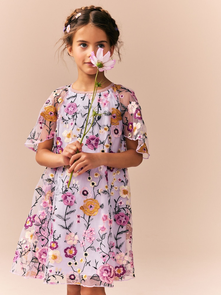Lilac Purple Flower Embroidered Angel Sleeve Occasion Dress (3-16yrs) - Image 2 of 4